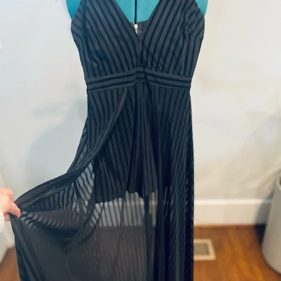 Chic Black Romper Maxi Dress with Flowing Silhouette and Velvet Stripes - Picture 6 of 6
